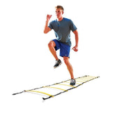 A man runs on a ladder against a plain white background, showcasing agility and balance in an unusual setting.